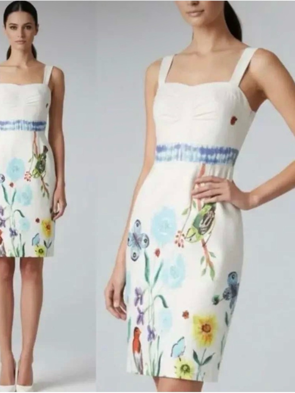 Anthropologie Nathalie Lete White Floral Sheath Dress with Blue Waist Detail